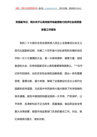 党组副书记、局长关于以高效能市场监管助力经济社会高质量发展工作报告总结