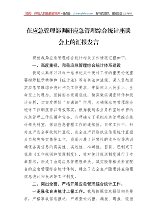 在应急管理部调研应急管理综合统计座谈会上的汇报发言