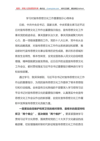 学习对宣传思想文化工作重要指示心得体会