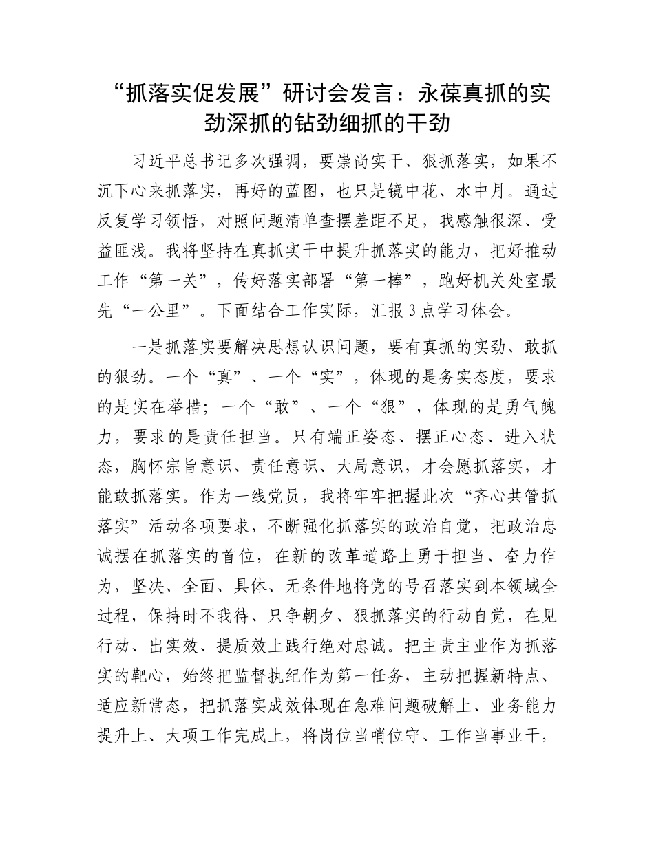 “抓落实促发展”研讨会发言：永葆真抓的实劲  深抓的钻劲  细抓的干劲_第1页
