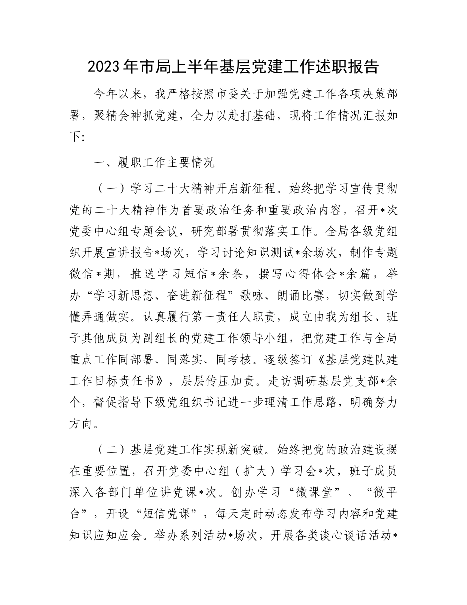 2023年上半年党建述职报告：2023年市局上半年基层党建工作述职报告_第1页