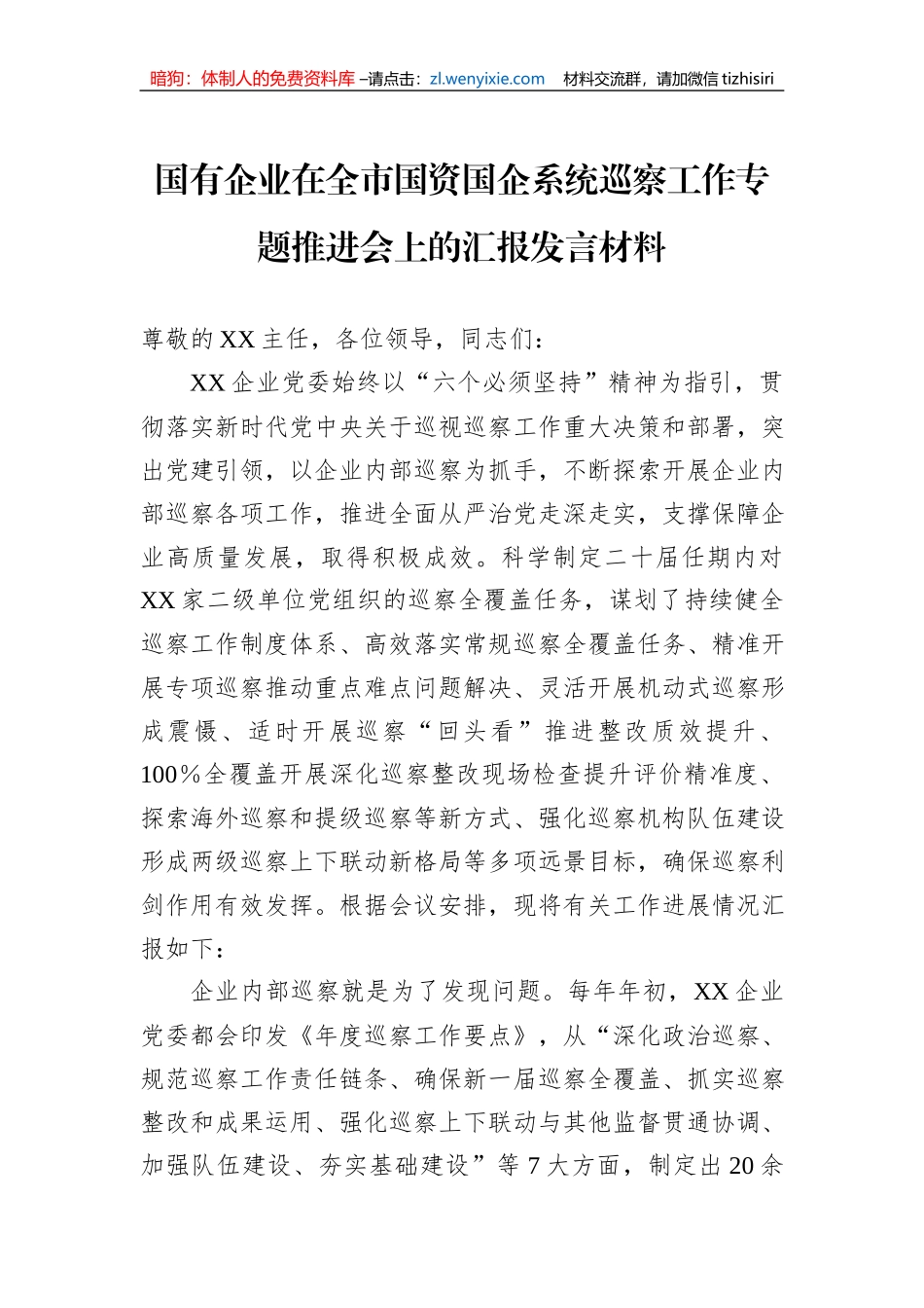 国有企业在全市国资国企系统巡察工作专题推进会上的汇报发言材料_第1页