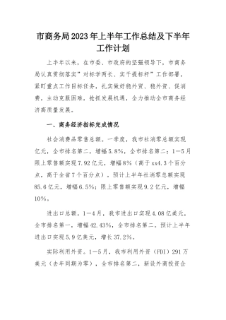 2023年上半年工作总结：市商务局2023年上半年工作总结及下半年工作计划