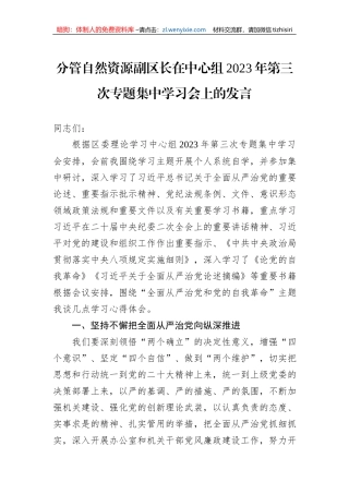 分管自然资源副区长在中心组2023年第三次专题集中学习会上的发言