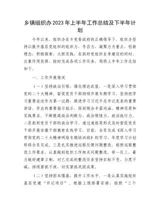 2023上半年工作总结：乡镇组织办2023年上半年工作总结及下半年计划