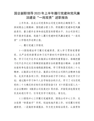 2023上半年履行党建和党风廉洁建设“一岗双责”述职报告：国企副职领导2023年上半年履行党建和党风廉洁建设“一岗双责”述职报告
