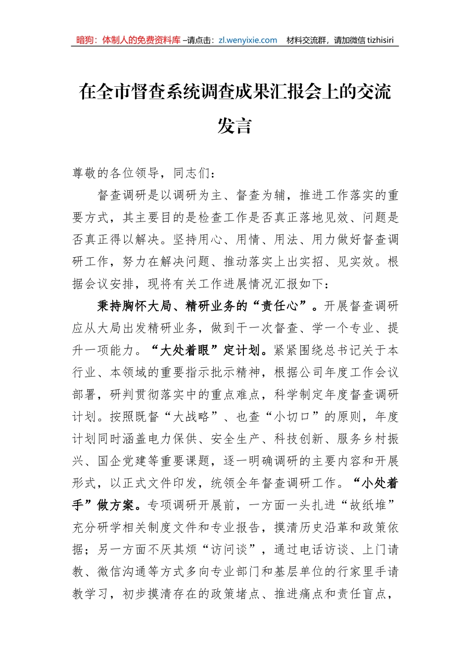 在全市督查系统调查成果汇报会上的交流发言_第1页