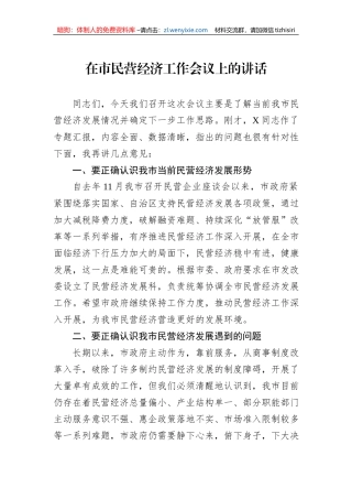 在市民营经济工作会议上的讲话
