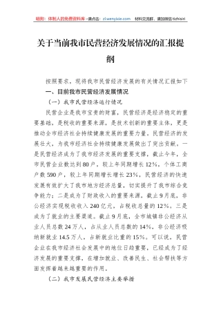 关于当前我市民营经济发展情况的汇报提纲