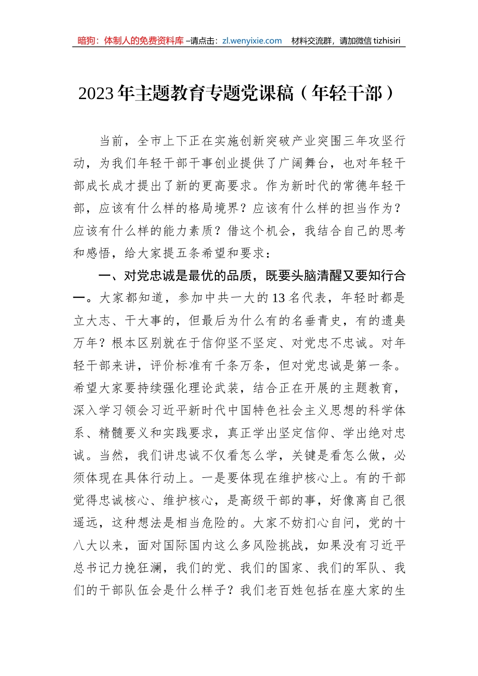 2023年主题教育专题党课稿（年轻干部）_第1页