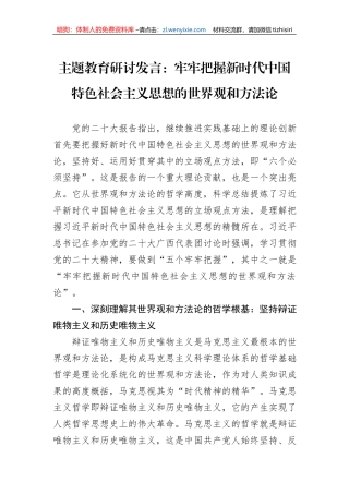 主题教育研讨发言：牢牢把握新时代中国特色社会主义思想的世界观和方法论