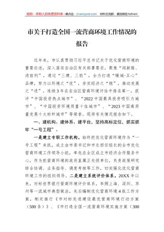 市关于打造全国一流营商环境工作情况的报告