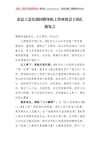 市总工会在巡回指导组工作座谈会上的汇报发言