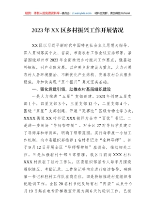 2023年XX区乡村振兴工作开展情况