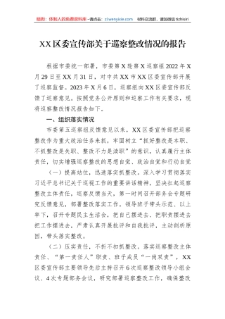 XX区委宣传部关于巡察整改情况的报告