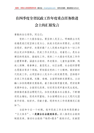 在四季度全省民政工作年度重点任务推进会上的汇报发言