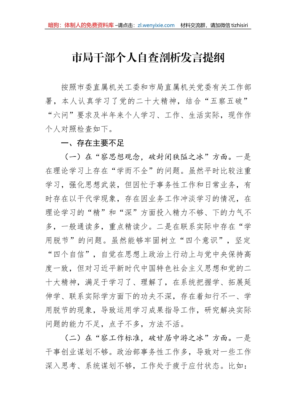市局干部个人自查剖析发言提纲_第1页