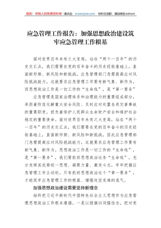 应急管理工作报告：加强思想政治建设筑牢应急管理工作根基