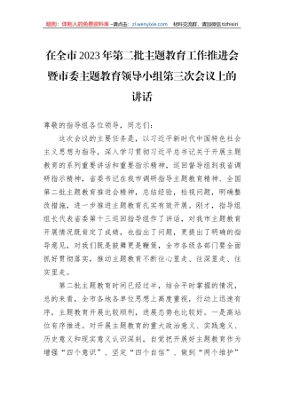 在全市2023年第二批主题教育工作推进会暨市委主题教育领导小组第三次会议上的讲话