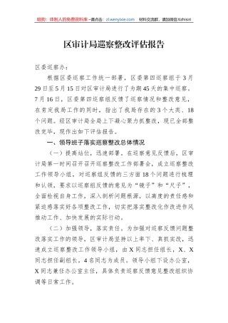 区审计局巡察整改评估报告