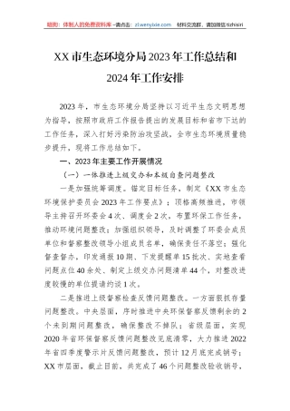 XX市生态环境分局2023年工作总结和2024年工作安排