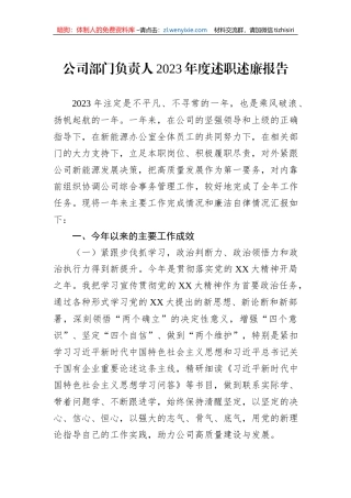 公司部门负责人2023年度述职述廉报告