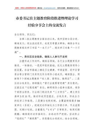 市委书记在主题教育阶段推进暨理论学习经验分享会上的交流发言