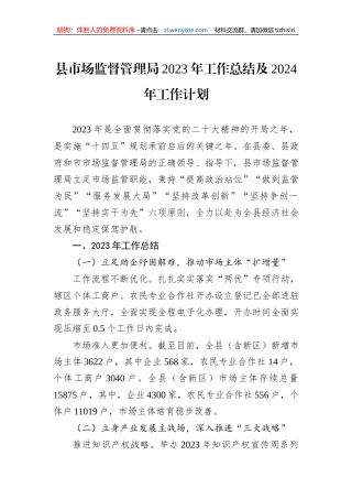 县市场监督管理局2023年工作总结及2024年工作计划