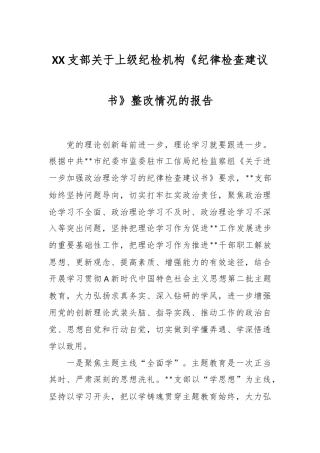 XX支部关于上级纪检机构《纪律检查建议书》整改情况的报告
