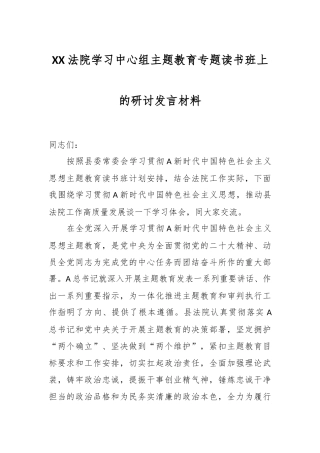 XX法院学习中心组主题教育专题读书班上的研讨发言材料
