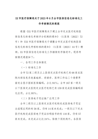 XX市医疗保障局关于2023年8月全市医保信息化标准化工作考核情况的通报