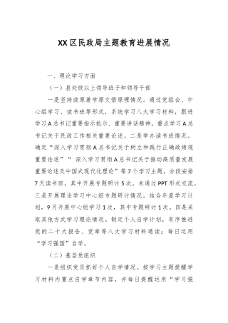 XX区民政局主题教育进展情况