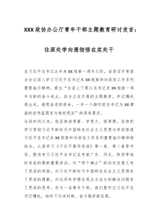 XXX政协办公厅青年干部主题教育研讨发言：往深处学向透彻悟在实处干