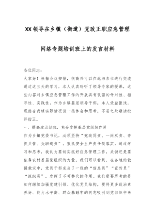XX领导在乡镇（街道）党政正职应急管理网络专题培训班上的发言材料