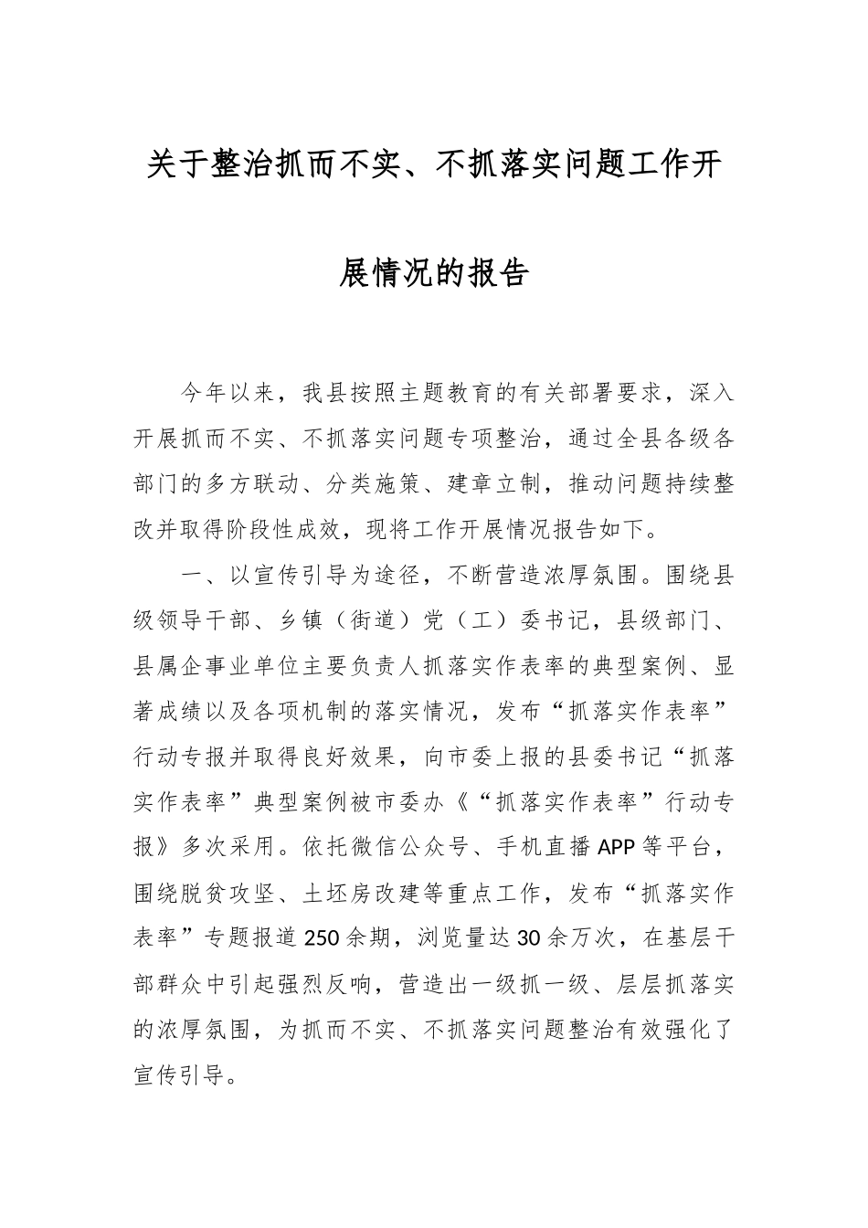 关于整治抓而不实、不抓落实 问题工作开展情况的报告_第1页