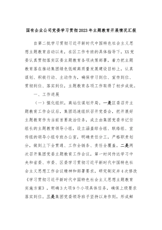 国有企业公司党委学习贯彻2023年主题教育开展情况汇报
