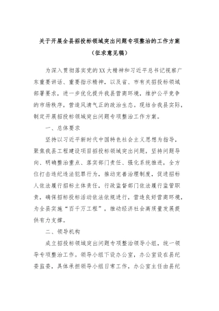 关于开展全县招投标领域突出问题专项整治的工作方案（征求意见稿）