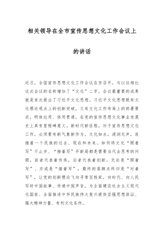 相关领导在全市宣传思想文化工作会议上的讲话