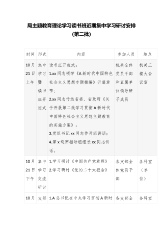 XX局第二批主题教育理论学习读书班近期集中学习研讨安排