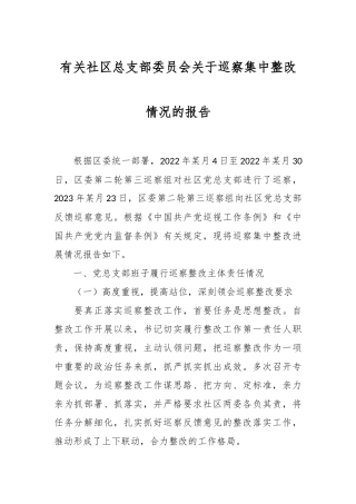有关社区总支部委员会关于巡察集中整改情况的报告