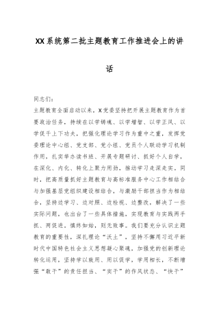 XX系统第二批主题教育工作推进会上的讲话