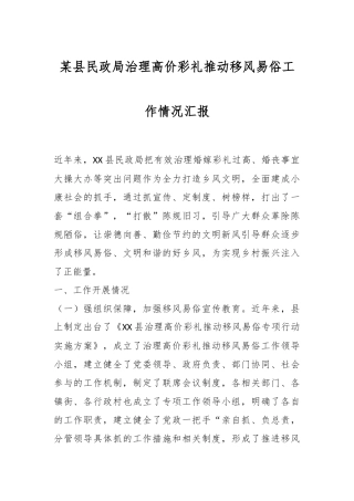 某县民政局治理高价彩礼推动移风易俗工作情况汇报
