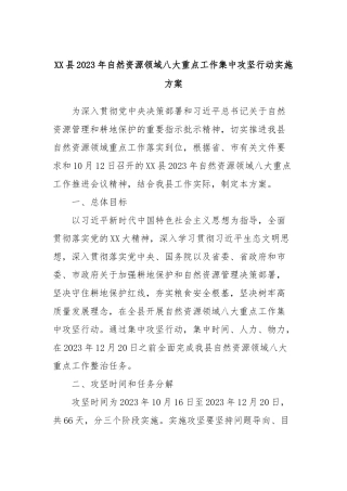 XX县2023年自然资源领域八大重点工作集中攻坚行动实施方案