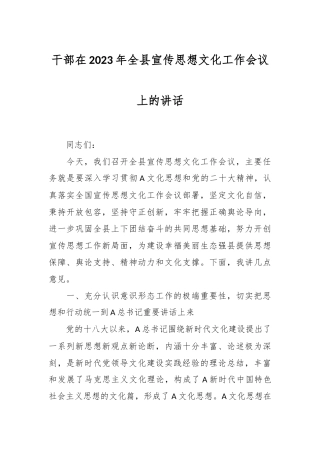 干部在2023年全县宣传思想文化工作会议上的讲话
