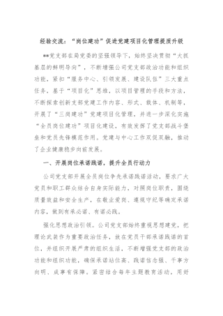 经验交流：“岗位建功”促进党建项目化管理提质升级