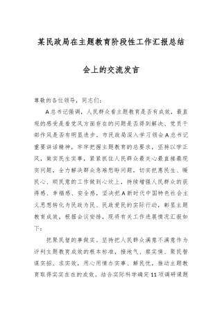 某民政局在主题教育阶段性工作汇报总结会上的交流发言
