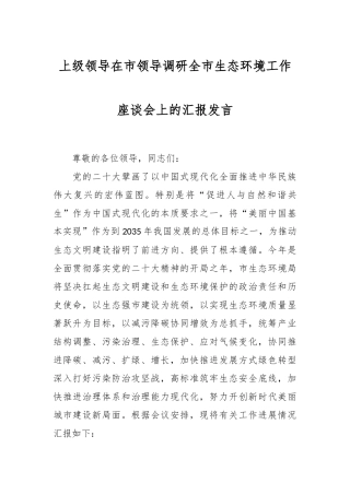 上级领导在市领导调研全市生态环境工作座谈会上的汇报发言