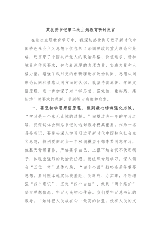 某县委书记第二批主题教育研讨发言