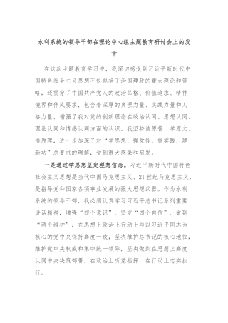 水利系统的领导干部在理论中心组主题教育研讨会上的发言