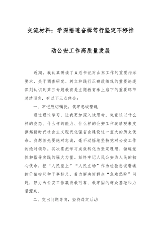 交流材料：学深悟透 奋楫笃行 坚定不移推动公安工作高质量发展